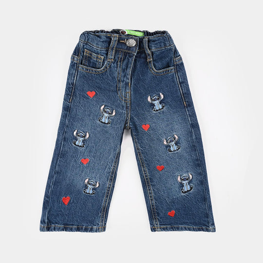 Infant Girls Denim Stretch PANT ALL OVER STITCH-Mid Blue