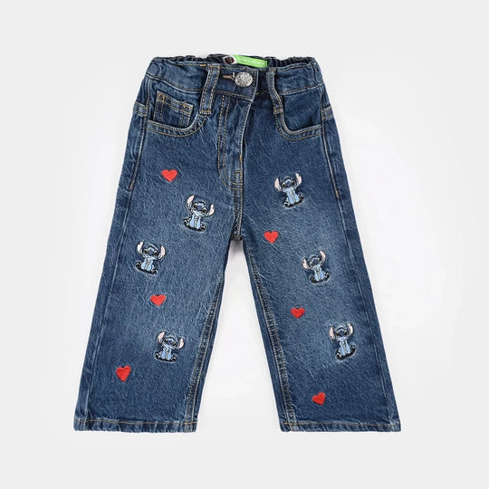 Infant Girls Denim Stretch PANT ALL OVER STITCH-Mid Blue