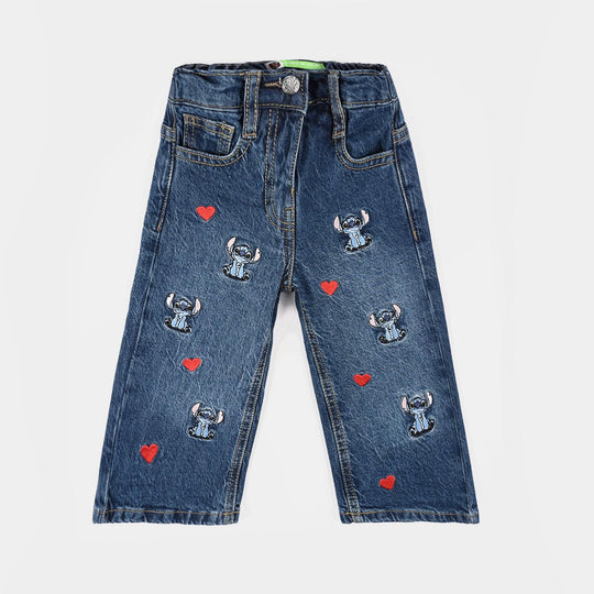 Infant Girls Denim Stretch PANT ALL OVER STITCH-Mid Blue
