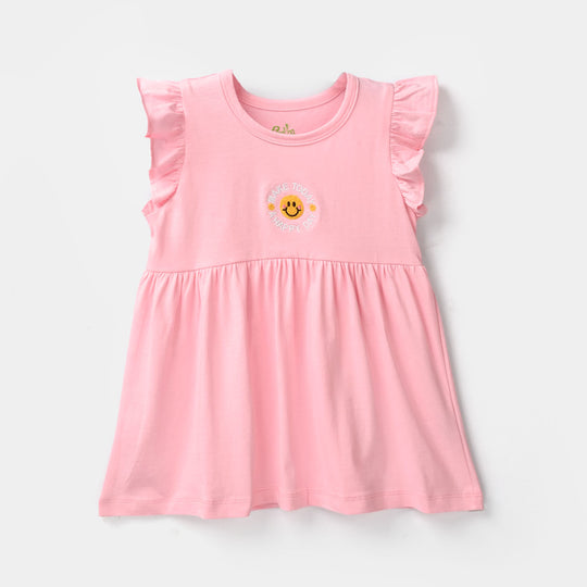 Infant Girls Cotton Jersey Knitted Frock - Pink