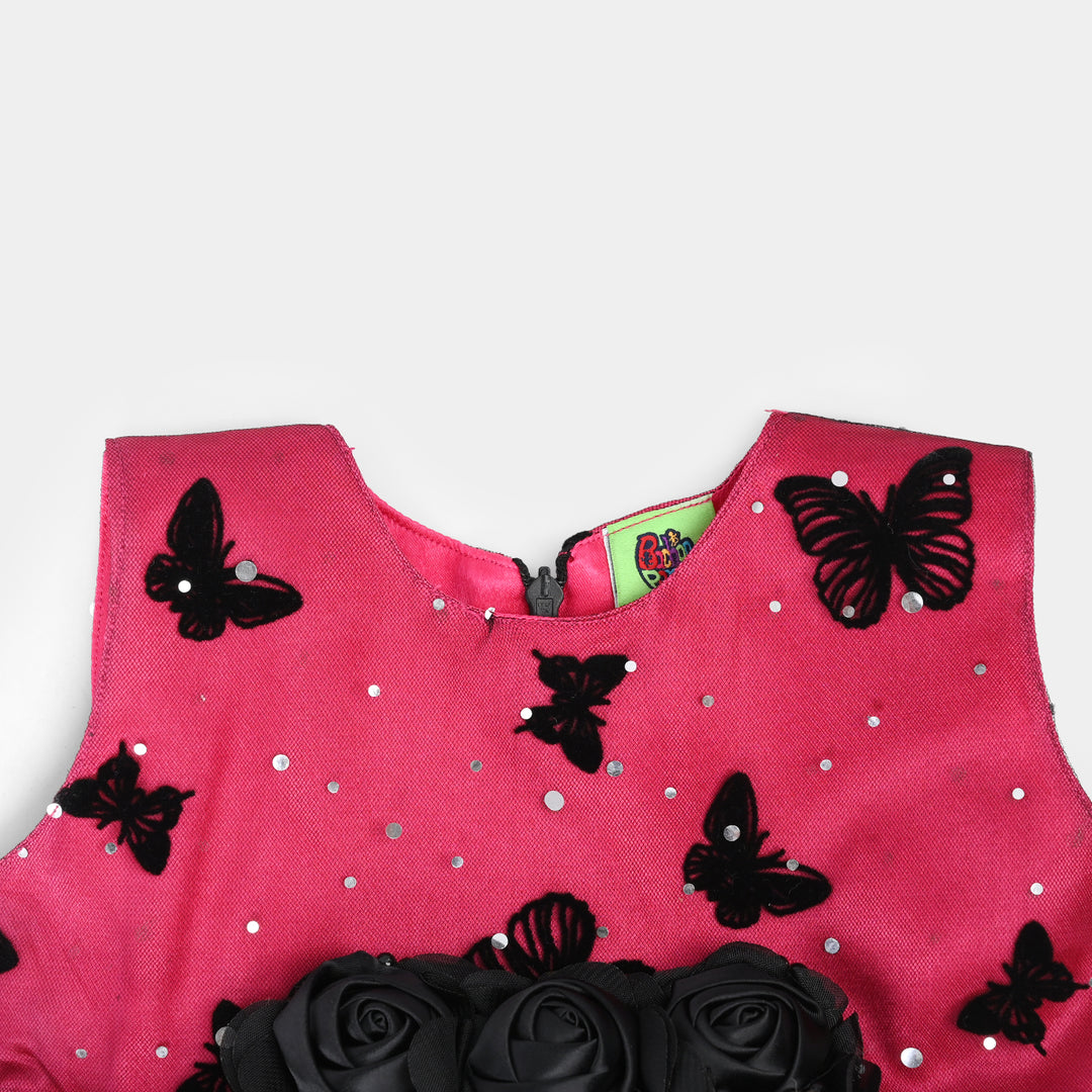 Infant Girls Net Fancy Frock-3D Butterfly-Hot Pink/Black