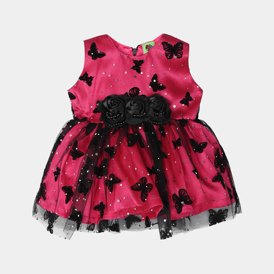Infant Girls Net Fancy Frock-3D Butterfly-Hot Pink/Black