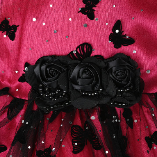 Infant Girls Net Fancy Frock-3D Butterfly-Hot Pink/Black