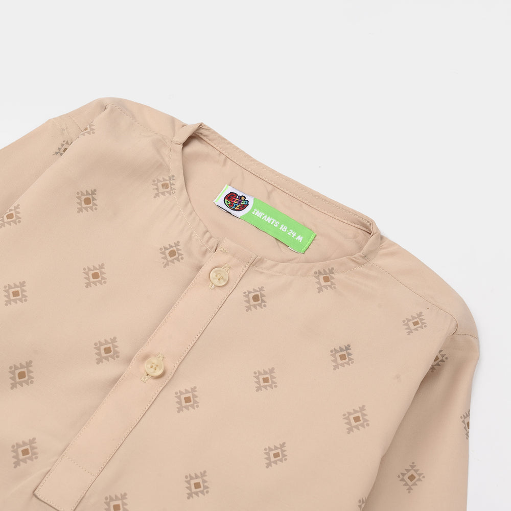 Infant Boys Poly Viscos Printed Kurta (Geometric)-BEIGE