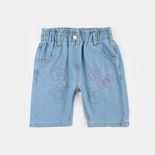 Girls Denim Rigid Shorts (Embroidered Flower) - Blue