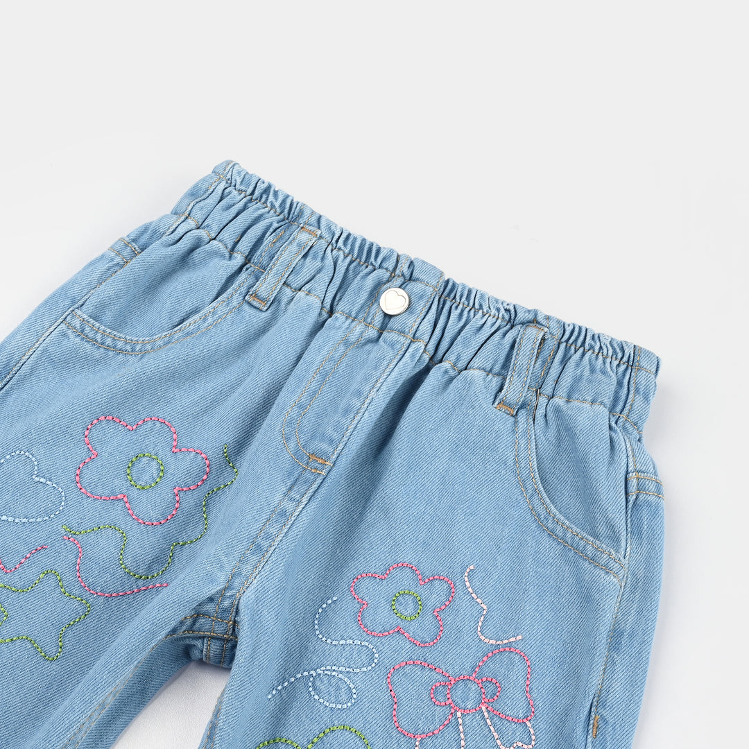 Girls Denim Rigid Shorts (Embroidered Flower) - Blue