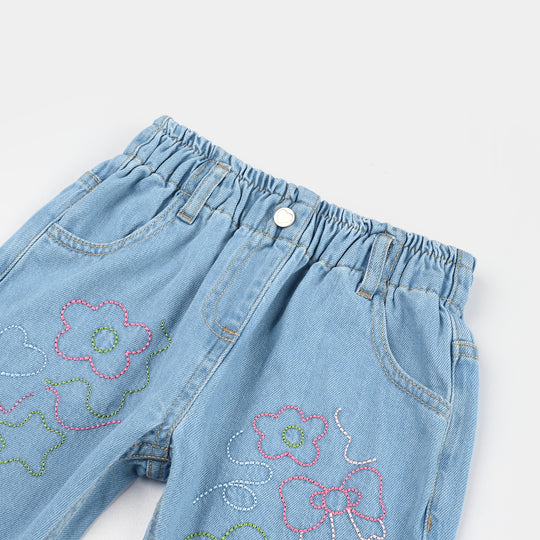Girls Denim Rigid Shorts (Embroidered Flower) - Blue