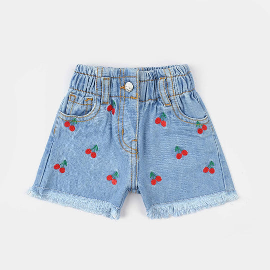 Infant Girls Denim Rigid Shorts Embroidered (Cherry) - Light Blue