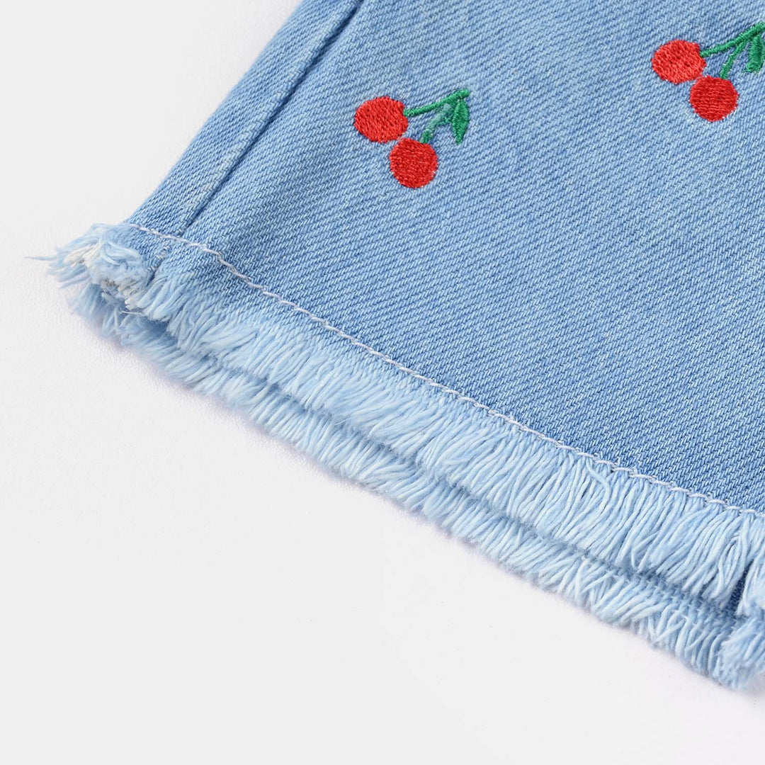 Infant Girls Denim Rigid Shorts Embroidered (Cherry) - Light Blue