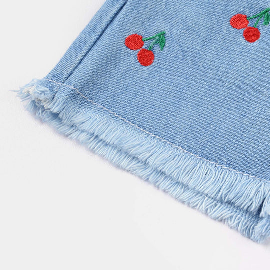 Infant Girls Denim Rigid Shorts Embroidered (Cherry) - Light Blue