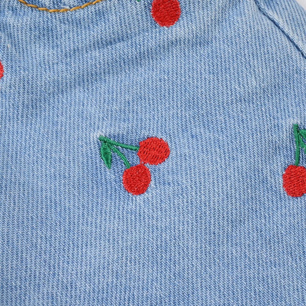 Infant Girls Denim Rigid Shorts Embroidered (Cherry) - Light Blue