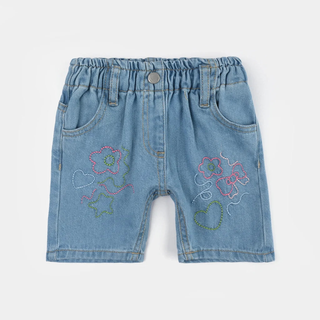 Infant Girls Denim Rigid Shorts (Embroidered Flower) - Dark Blue