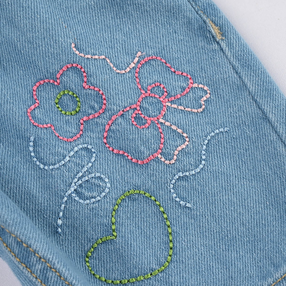 Infant Girls Denim Rigid Shorts (Embroidered Flower) - Dark Blue