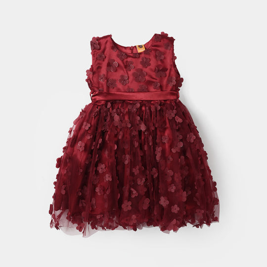 Girls Net Fancy Frock (Flower) - Maroon