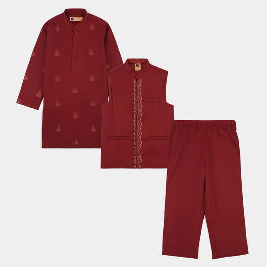 Boys Cotton Poplin Printed 3-Piece Suit (Rung Saz) - Red