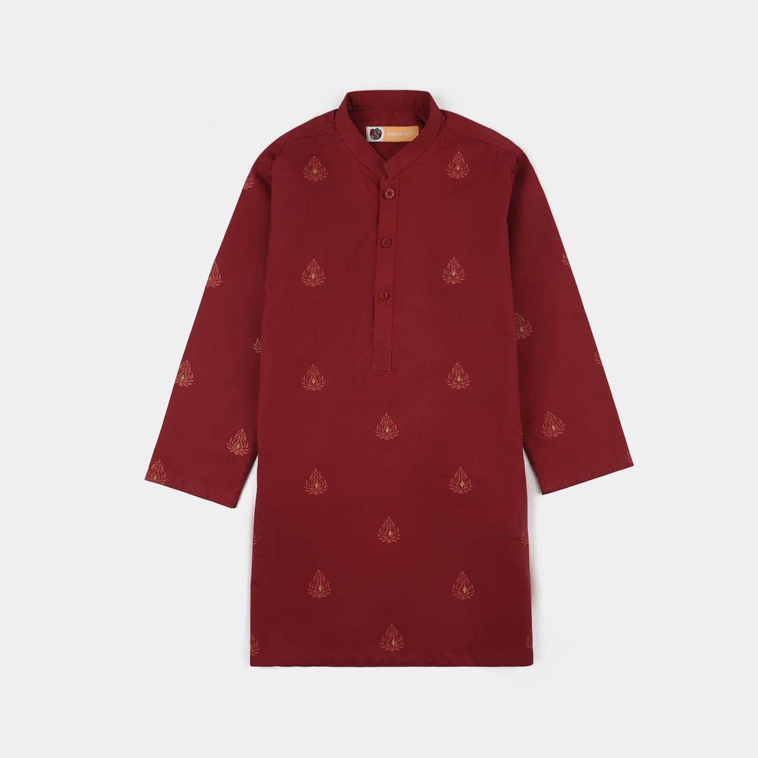 Boys Cotton Poplin Printed 3-Piece Suit (Rung Saz) - Red