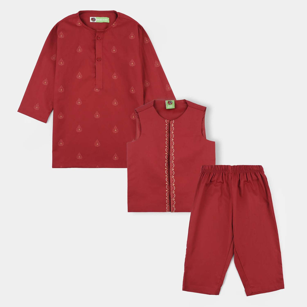 Infant Boys Cotton Poplin 3-Piece Suit (Rung Saz) - Red