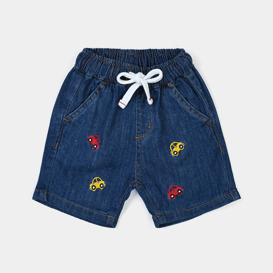 Infant Boys Denim Rigid Shorts Embroidered Cars - Mid Blue