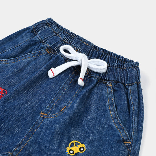Infant Boys Denim Rigid Shorts Embroidered Cars - Mid Blue