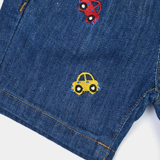 Infant Boys Denim Rigid Shorts Embroidered Cars - Mid Blue