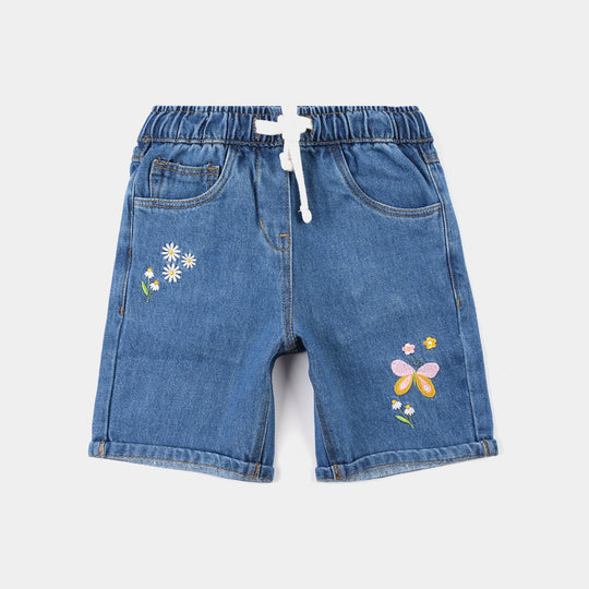 Girls Denim Rigid Shorts (Flowers) – Mid Blue