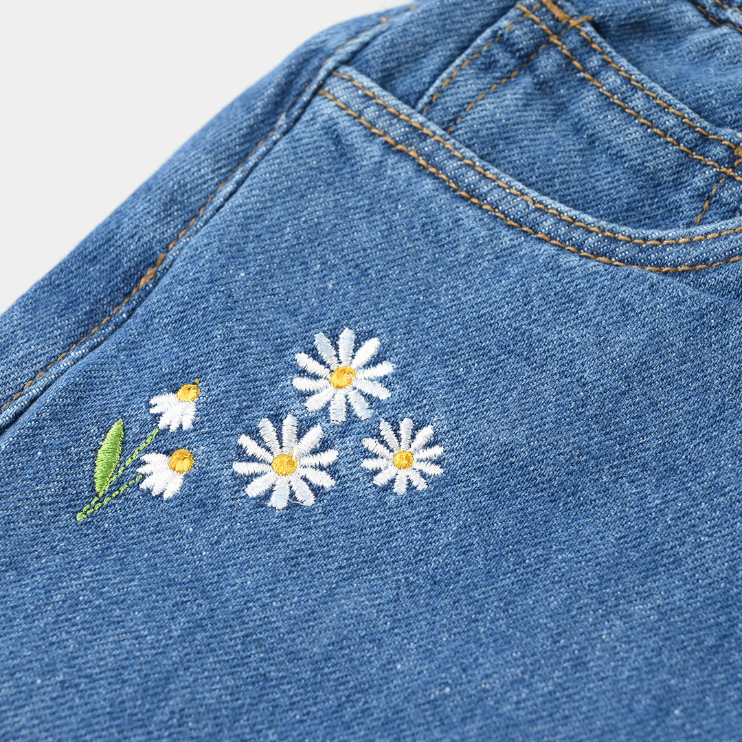 Girls Denim Rigid Shorts (Flowers) – Mid Blue