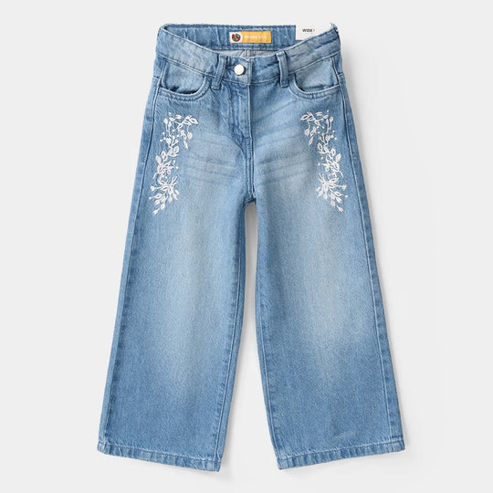 Girls Denim Viscose Pants Leafs - Mid Blue