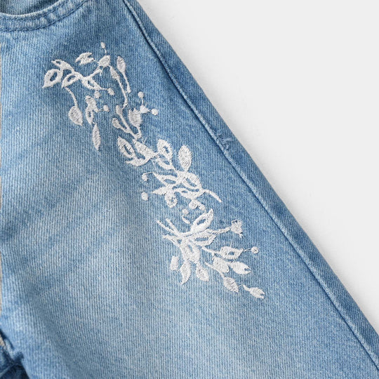 Girls Denim Viscose Pants Leafs - Mid Blue