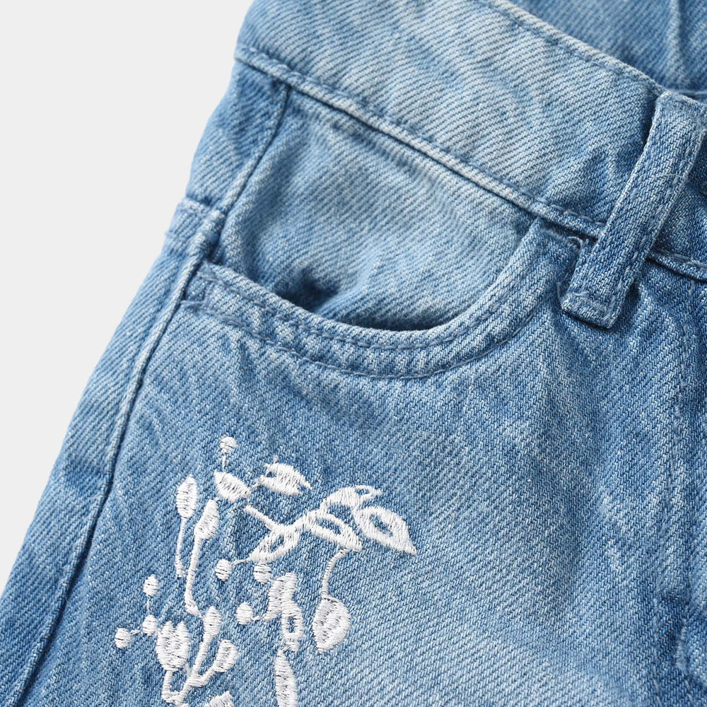 Girls Denim Viscose Pants Leafs - Mid Blue