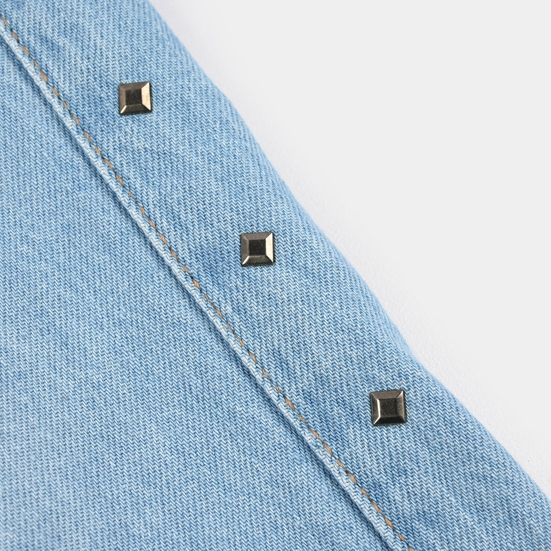 Girls Denim Pants (Mom Style With Pearl) - Light Blue
