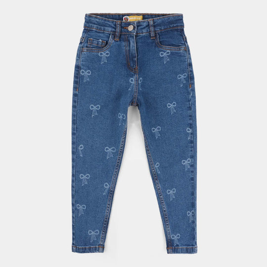 Girls Denim Viscose Pants (Bow) - Mid Blue