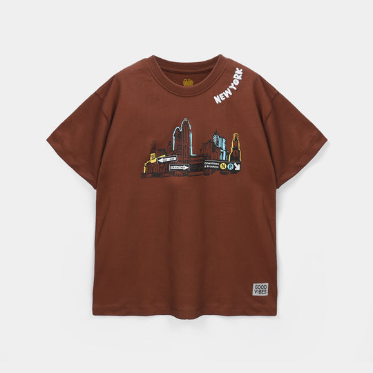 Boys Cotton Jersey T-Shirt (GODD VIBES) - Brown