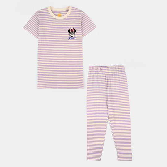 Girls Poly Cotton Jersey Night Suit - Pastel Lilac/White