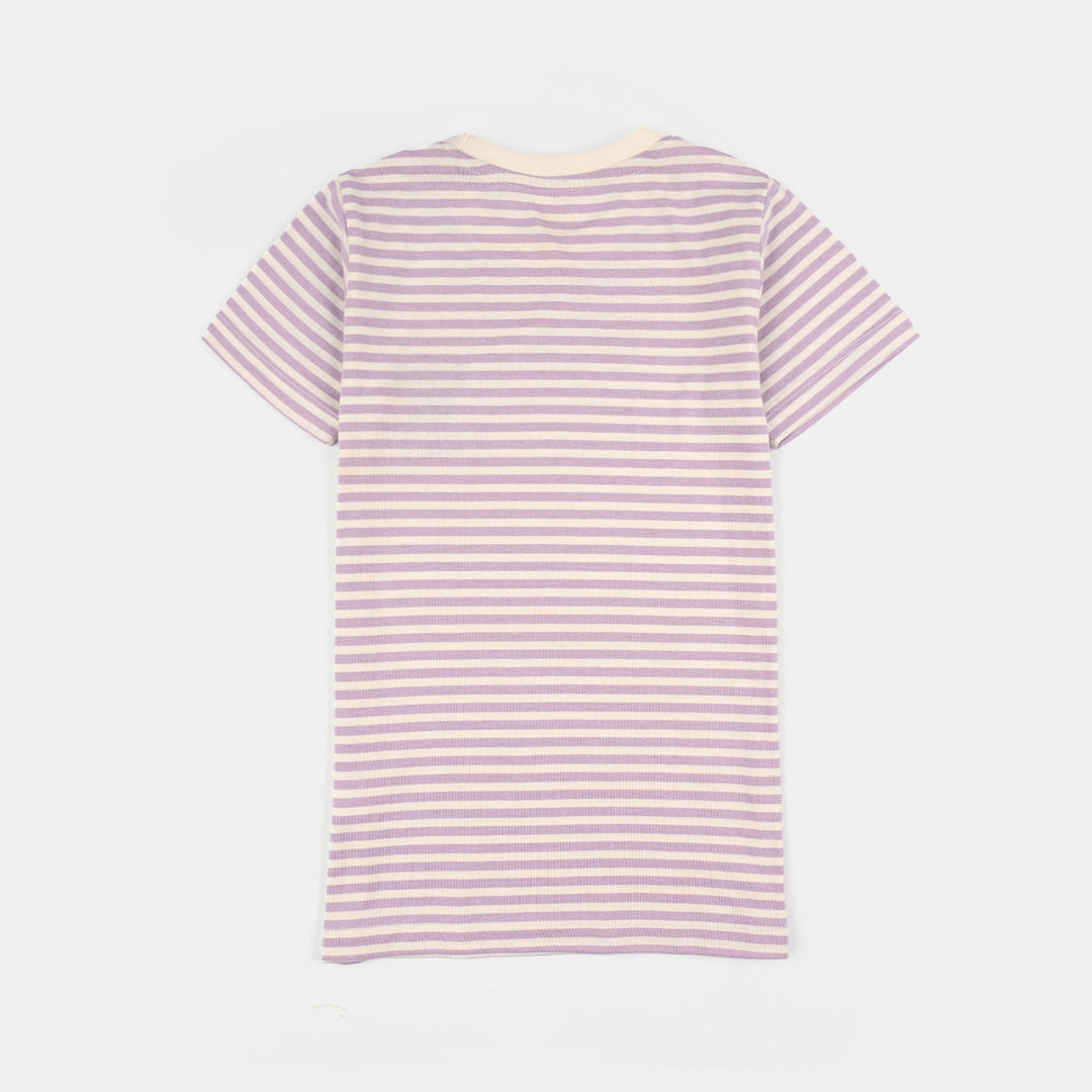 Girls Poly Cotton Jersey Night Suit - Pastel Lilac/White