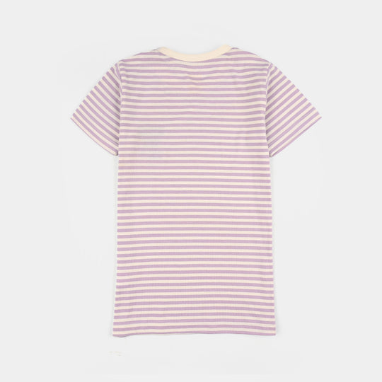 Girls Poly Cotton Jersey Night Suit - Pastel Lilac/White