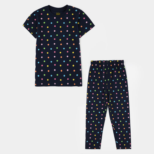 Girls PC Jersey Night Suit (Polka Dots) - Navy Blue