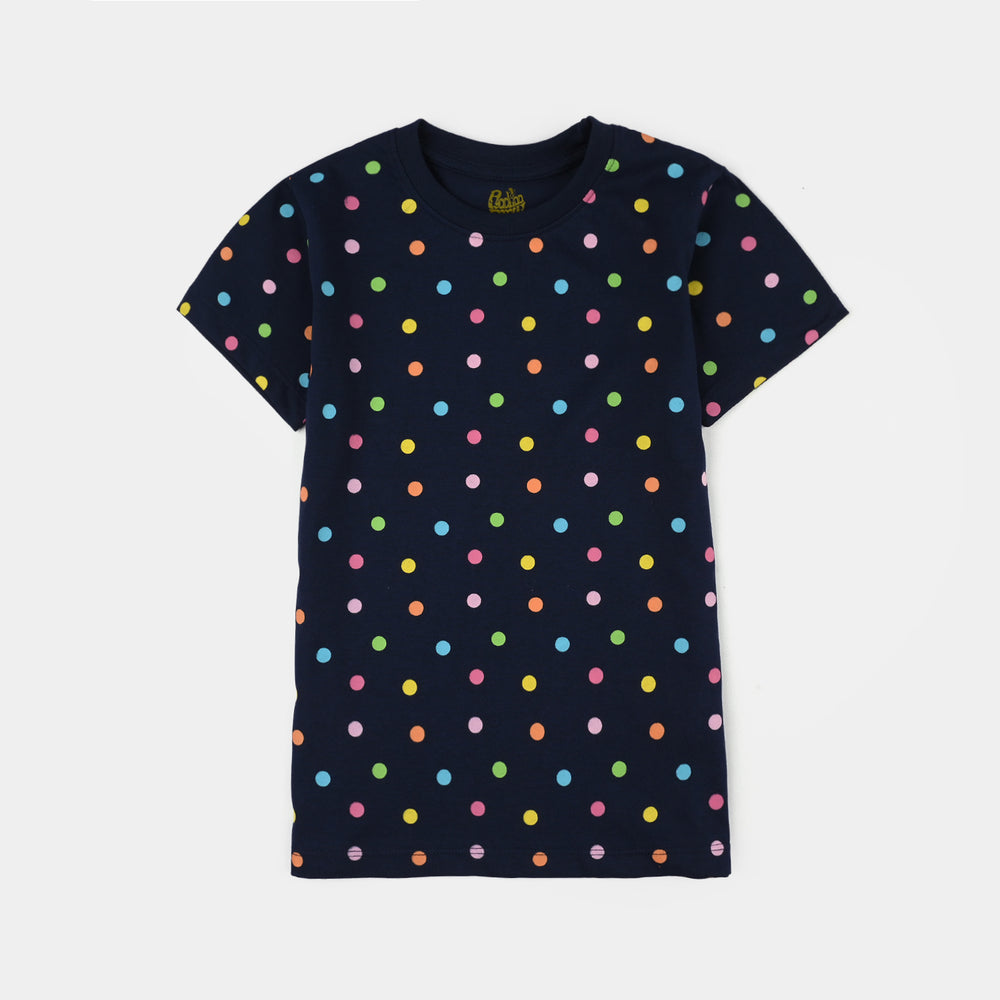 Girls PC Jersey Night Suit (Polka Dots) - Navy Blue