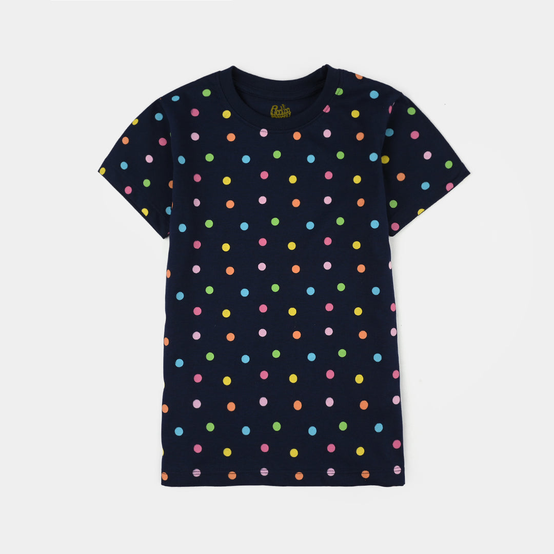 Girls PC Jersey Night Suit (Polka Dots) - Navy Blue