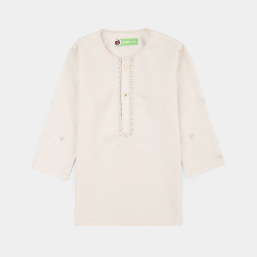 Infant Boys Poly Viscose Kurta Pajama (Flora Motif)-OFF-White