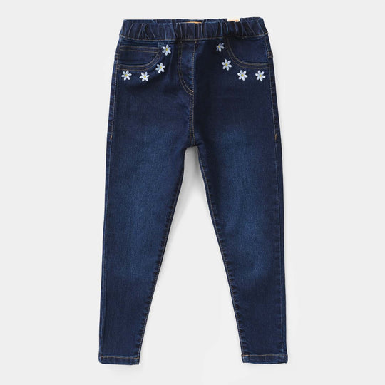 Girls Denim Stretch Jegging (Flower) - Dark Blue