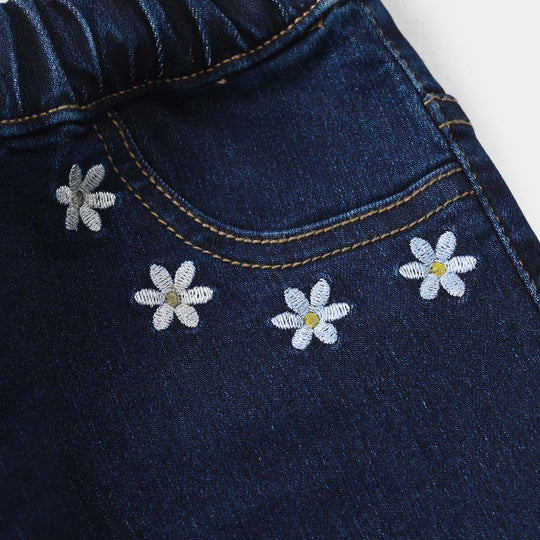 Girls Denim Stretch Jegging (Flower) - Dark Blue