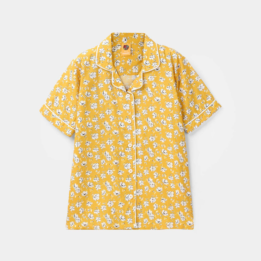 Girls Cotton Nightwear White Floral-Mustard