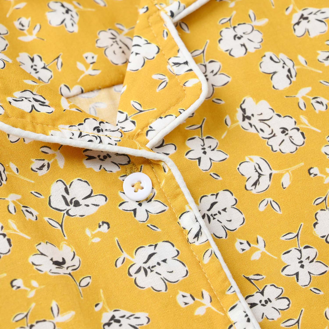 Girls Cotton Nightwear White Floral-Mustard