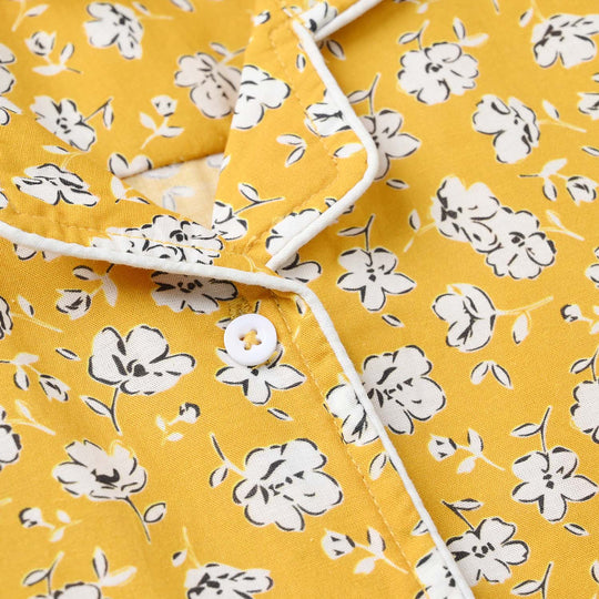 Girls Cotton Nightwear White Floral-Mustard