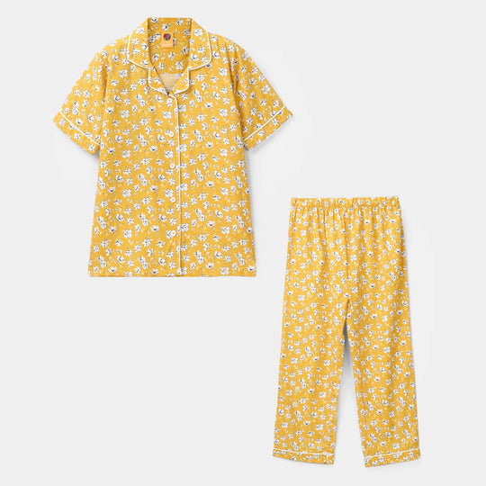 Girls Cotton Nightwear White Floral-Mustard