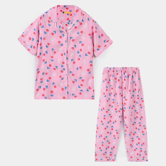 Girls Viscose Nightwear (Rabbit & Flower) - Pink