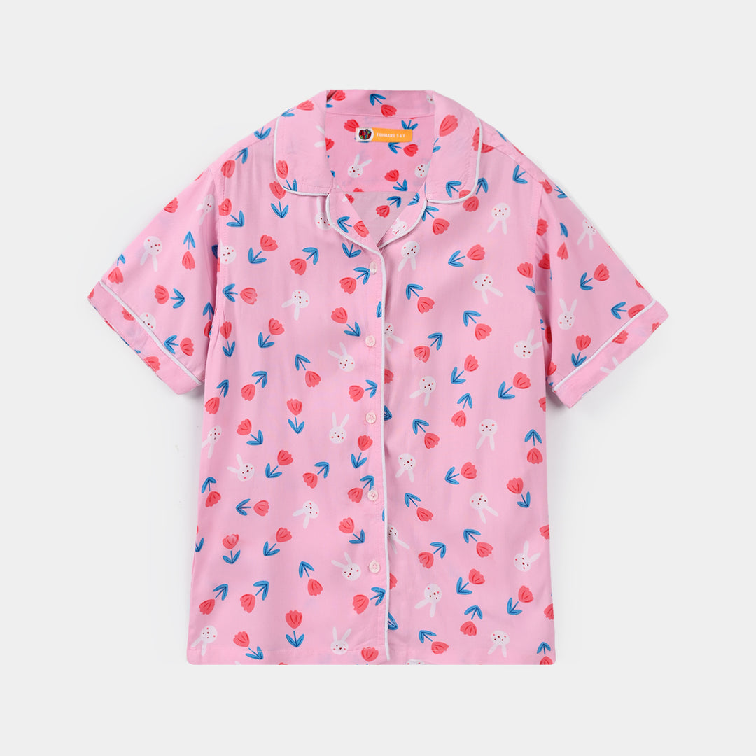 Girls Viscose Nightwear (Rabbit & Flower) - Pink