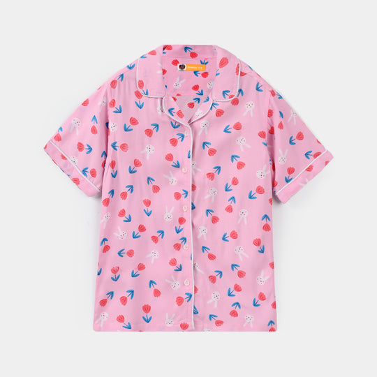 Girls Viscose Nightwear (Rabbit & Flower) - Pink