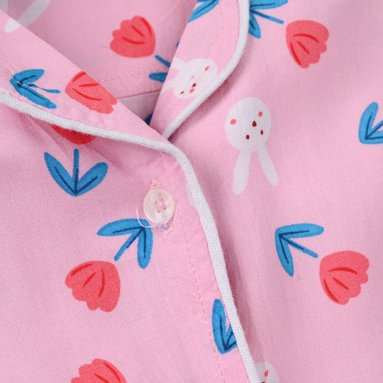 Girls Viscose Nightwear (Rabbit & Flower) - Pink
