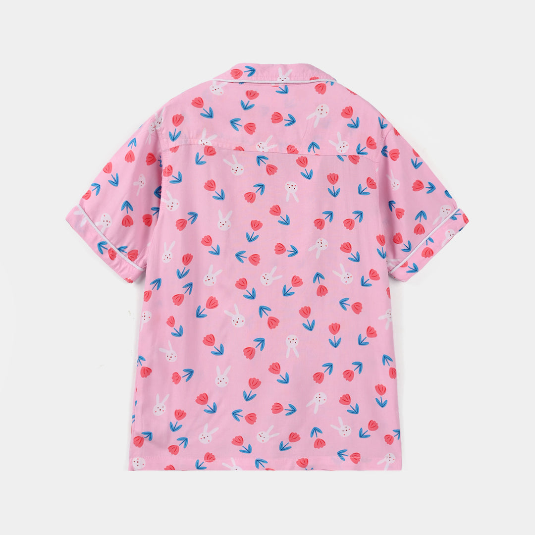 Girls Viscose Nightwear (Rabbit & Flower) - Pink